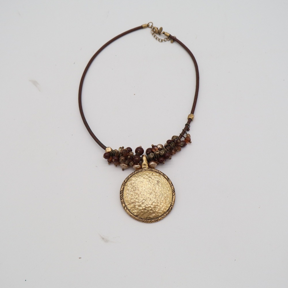 Hammered Gold Medallion Beaded Cord Necklace Brown Boho Statement